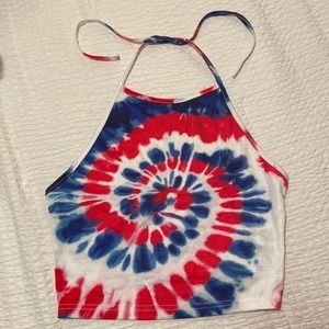 Red white and blue tie-dye halter neck, high neck, crop top Size:S